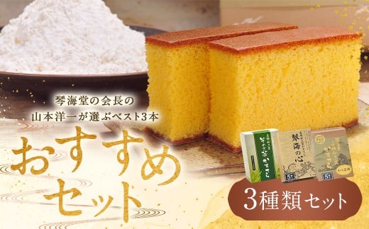 【7営業日以内発送】【おすすめセット】琴海堂の会長の山本洋一が選ぶベスト3本 カステラ ( 和三盆 琴海の心 そのぎ茶 )