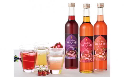 No.034 フルーツビネガー　3本セット ／ 果実酢 酢 飲む酢 飲むお酢 ビネガー ビネガードリンク サワードリンク ザクロ アセロラ ブルーベリー フルーツ ジュース 爽やか 飲みやすい リフレッシュ 健康 ヘルシー 美活 ビタミンC ビタミン 詰め合わせ 愛知県