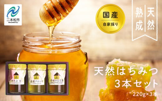 自家採り国産天然はちみつ 3本セット(220g×3) 蜂蜜 はちみつ ハチミツ 国産 百花蜜 アカシヤ ハニー 天然 無添加 おすすめ お中元 お歳暮 ギフト 二本松市 ふくしま 福島県 送料無料【株式会社渡辺養蜂場】