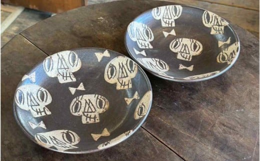 工房十鶴】5寸皿とマグカップ（ドクロ柄）4点セット