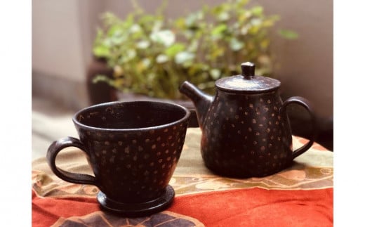 ＜南陶窯＞コーヒードリッパーセット【灰釉・ドット】 ☆ やちむん 焼き物 沖縄 読谷村 伝統工芸品 アジアンテイスト 久場政一 手作り