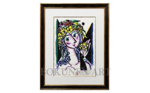 【名嘉 睦稔】木版画作品『ゆうなの髪飾り』 アート インテリア ボクネン 沖縄 読谷村