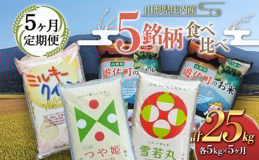 【定期便】山形県産 お米5種類食べ比べ つや姫 雪若丸 ひとめぼれ はえぬき ミルキークイーン 各5kg1種類×5ヶ月（計25kg）  米 お米 ブランド米 銘柄米 備蓄 日本米 コメ ごはん ご飯 食品 山形県 F2Y-3216
