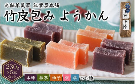 紅葉屋本舗竹皮包みようかん5本セット(本煉・柚子・桜・抹茶・塩)【mmj107】