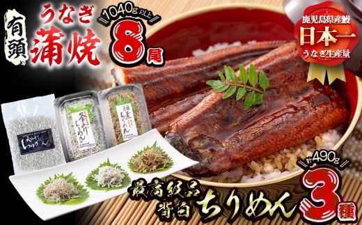 極うなぎ蒲焼130g以上×8尾(計1040g以上)+佃煮ちりめん90g+釜揚げちりめん100g×3個+ちりめん100g うなぎ 鰻 ウナギ 蒲焼 8尾 真空パック 鰻重 うな丼 ちりめん しらす ちりめんじゃこ e7-020