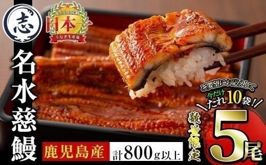 [二の丑(7/31)までに配送][数量限定]国産うなぎ蒲焼名水慈鰻5尾(合計800g以上) うなぎ 鰻 ウナギ 5尾 国産 蒲焼 かばやき 冷凍 真空 真空パック 無頭 うな重 ひつまぶし タレ 山椒 c0-124-us2