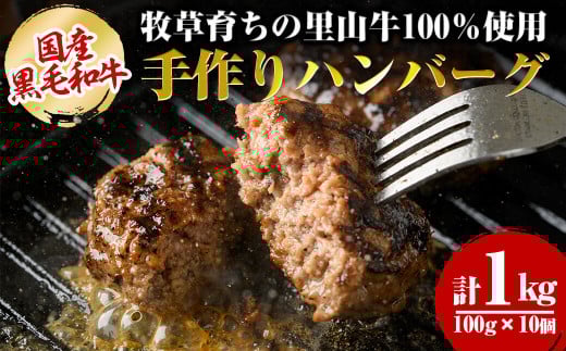 国産黒毛和牛 牧草育ちの里山牛100%使用!手作りハンバーグ 1kg (100g×10個) 黒毛和牛 和牛 肉 牛肉 国産 ハンバーグ 100% 小分け 惣菜 a5-276