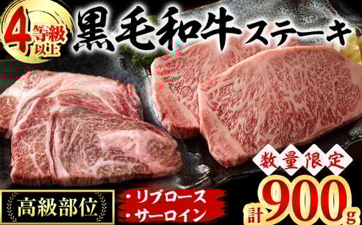 黒毛和牛ステーキ肉高級部位2種<リブロース・サーロイン>食べ比べ(計900g) b7-019