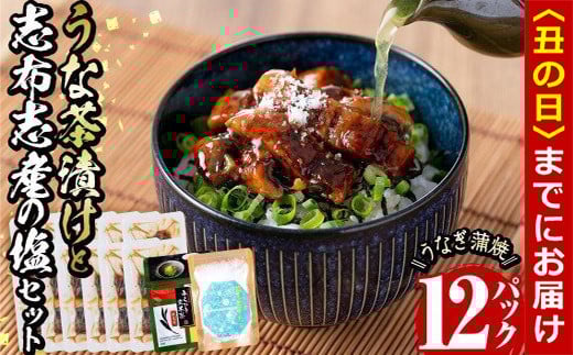 【丑の日までに配送】うな茶漬けと志布志産の塩セット(きざみ鰻12パック・粉末玄米茶・志布志産の塩) b0-206-us