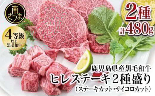 【鹿児島県産】A4等級以上黒毛和牛ヒレステーキ2種480g (ステーキカット・サイコロカット) 黒毛和牛 ヒレ ステーキ 冷凍 カミチク 南さつま市