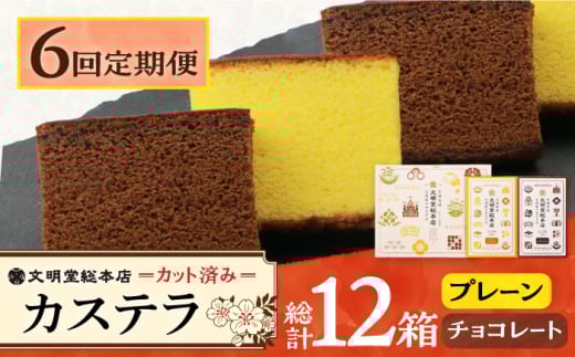 【6回定期便】カット包装カステラ　2箱入（プレーン・チョコレート） ≪小値賀町≫ 【株式会社文明堂総本店】 カステラ かすてら 菓子 お菓子 和菓子 常温 [DBF017]