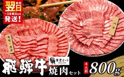 【最短発送】 贅沢！ 飛騨牛 焼肉セット 計800g 4人前 牛肉 和牛 肉 焼肉 BBQ 霜降り カルビ 赤身 モモ カタ 東白川村 岐阜 養老ミート