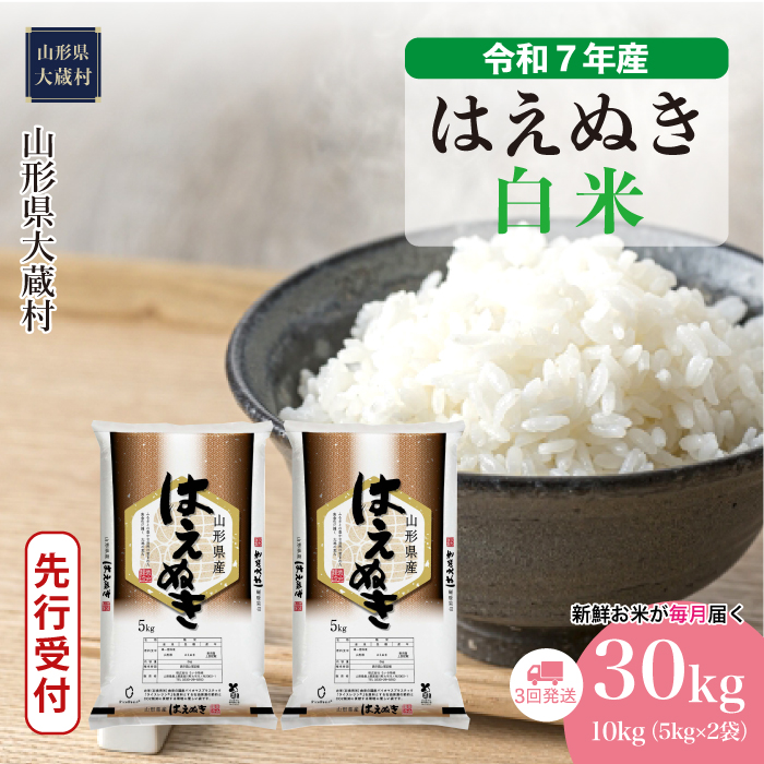 [令和7年産米先行受付] 大蔵村産 はえぬき [白米]30kg定期便 (10kg×3回) 配送時期指定できます!