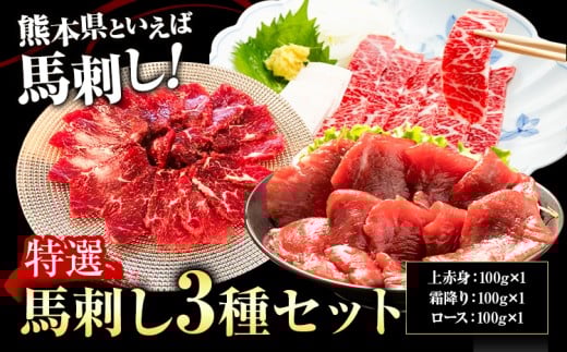 特選馬刺しセットB 合計300g 3種類 セット 霜降り100g 上赤身100g ロース100g《90日以内に出荷予定(土日祝除く)》熊本県 菊池市 馬肉 馬刺し 食べ比べ セット 詰め合わせ ブロック 冷凍 送料無料