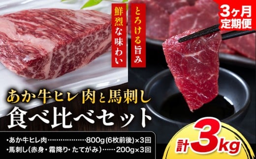 [3ヶ月定期便]あか牛 ヒレ肉 800g(6枚前後) 馬刺し 3種類 合計3kg 食べ比べ セット 合同会社たべたせいか[お申し込みの翌月から出荷]詰め合わせ 赤牛 国産和牛 和牛 ステーキ 馬肉 赤身 霜降り たてがみ 熊本県産 九州産 送料無料