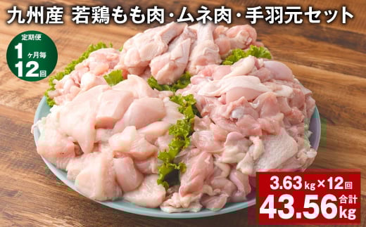 【1ヶ月毎12回定期便】 九州産 若鶏もも肉・ムネ肉・手羽元セット 計約43.56kg（約3.63kg×12回） 鶏肉 もも肉 ムネ肉 手羽元【お申込み翌月から出荷】