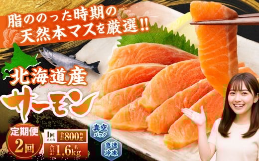 【2回定期便】 北海道産サーモン 計約1.6kg （約200g×4パック）×2回 サーモン 本マス マス 天然 新鮮 塩締め 急速凍結 小分け 冷凍