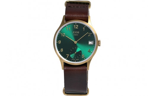 JIOS OMI 日本製 クラシックスタイル クオーツ腕時計 メンズ レディース ウォッチ ユニセックス 男女兼用 Made in Shiga スモールセコンド ゴールド×グリーン 栃木レザー NATOベルト （ブラウン）