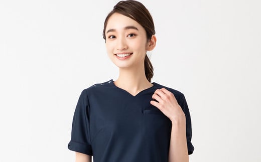 レピウスの白衣 【レディース】 リボンパイピングスクラブ / ネーム刺繍付き (サイズ:XSサイズ、カラー:ネイビー)