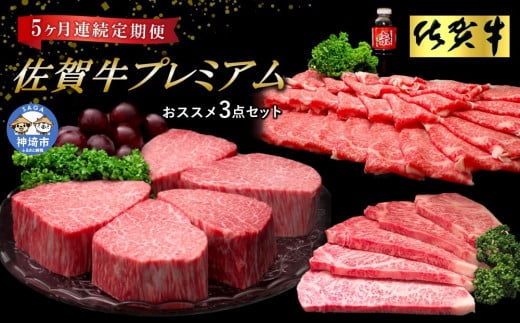 【佐賀牛プレミアム】ヒレシャトーブリアンなどオススメ3点セット【定期便5回】【シャトーブリアン 定期便 5回 サーロインステーキ ステーキ 冷凍 国産 人気 佐賀牛 ブランド牛 贅沢 お祝い 贈り物 プレゼント ギフト】(H065140)