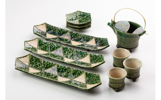 酒器セット 魚皿 酒器&長皿 10点セット ぐい呑 小皿 [抱星窯 長崎県 東彼杵町 hs42bag390006] 魚皿 おちょこ 猪口 小皿 湯呑み 土物 グリーン 濃緑