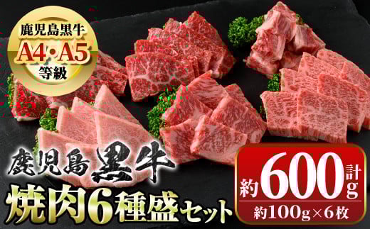 B01033 鹿児島黒牛 食べ比べ焼肉6種盛(計約600g・各100g×6種)牛肉専門店自慢のお肉 鹿児島 国産 九州産 牛肉 黒牛 鹿児島黒牛 A4 A5 等級 サーロイン 三角バラ 中落ち カイノミ クリミ ササミ 焼肉 やきにく バラエティ セット ギフト 贈答【新村畜産】