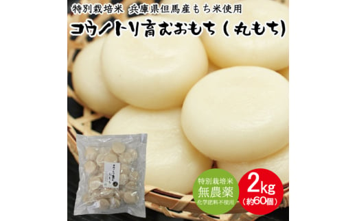 丸餅 コウノトリ育むおもち 2kg(1kg×2袋 約60個入り)/ 丸餅 切り餅 個包装 特別栽培米 無農薬 化学肥料不使用 但馬産 添加物不使用 常温保存 国産 おもち お餅 餅 まる餅 白餅 焼き餅 雑煮 お正月 正月用 柔らかい コシがある 煮崩れしにくい