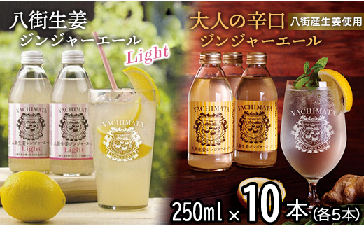 八街生姜ジンジャーエールLIGHT +八街生姜ジンジャーエール 計10本セット ジンジャーエール 生姜 八街 ジュース ジンジャー 瓶 ビン セット 辛口 定期便 ギフト 辛口 濃厚 飲料 炭酸 炭酸飲料 生姜 国産 贈答用 千葉