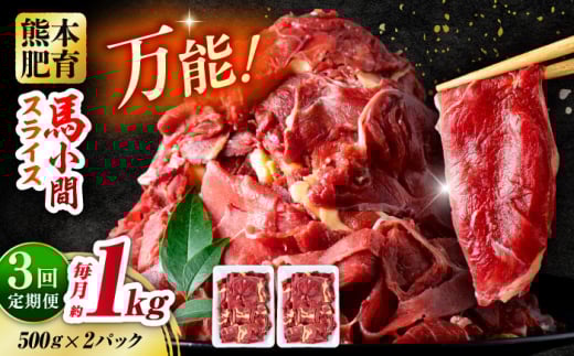 【全3回定期便】 馬肉 小間スライス 計3kg 1回あたり1kg（500g×2パック） / 肉 お肉 小間切れ しぐれ煮 味噌煮 野菜炒め 冷凍 馬肉 小間切れ 小分け 熊本【五右衛門フーズ熊本店】 [AYBV034]