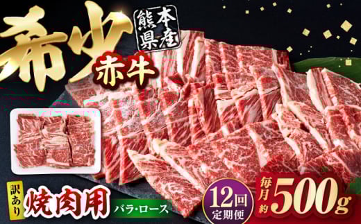 【全12回定期便】【訳あり】赤牛 焼肉用カット（バラ・ロース） 約500g / 不揃い お肉 肉 牛肉 あか牛 焼肉 和牛 熊本県産 冷凍【五右衛門フーズ熊本店】 和牛 あか牛 赤牛 褐毛和種 焼肉 焼き肉 やきにく 訳あり お肉 にく ロース バラ 希少 冷凍 国産 熊本 熊本県 肥後 熊本県産 [AYBV011]