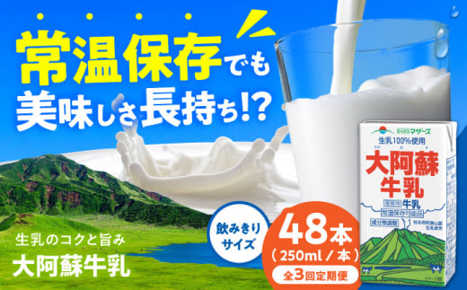 【全3回定期便】大阿蘇牛乳 ロングライフ 250ml 48本（12本入り×4ケース） 12L【合同会社 福福堂】成分無調整牛乳 ミルク カルシウム 牛乳 常温保存 長期保存 送料無料 [AYAC058]