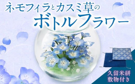 ネモフィラとカスミ草のボトルフラワー(久留米絣敷物付き)_ネモフィラ カスミ草 ボトルフラワー 幅 奥行 120mm 高さ 100mm 久留米絣 敷物 付き ドライフラワー ガラス 容器 青空 ブルー 満開 株 覆うくらいの花 清楚 お手入れ 簡単 人気 インテリア お祝い 記念 ギフト 贈り物 福岡県 久留米市 送料無料_Qb019