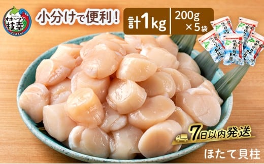 小分けで便利！枝幸ほたて冷凍貝柱200g×5パック　三興水産