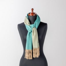 リバーシブル風　カシミヤ100%　マフラー　(ピーコックブルー×ベージュ)【1491457】