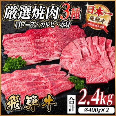 飛騨牛 厳選焼肉3種(肩ロース・カルビ・赤身) 計2.4kg(各400g×2) 黒毛和牛 小分け【配送不可地域:離島】【1669124】