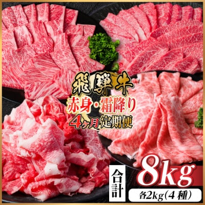 【毎月定期便】飛騨牛 赤身・霜降り定期便 計8kg  カルビ・赤身・ロース(焼肉・BBQ用)全4回【配送不可地域:離島】【4075145】