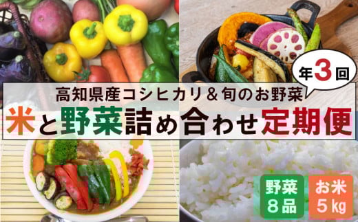 新米 野菜 3ヶ月 定期便 コシヒカリ 5kg 野菜 7品以上 セット ｜ （ きゅうり なす パプリカ ピーマン れんこん ミックスリーフ たけのこ オクラ かぼちゃ ブロッコリー アスパラガス ニラ  にんじん 人参 トマト 玉ねぎ タマネギ 新鮮 野菜 ベジタブル 旬 米 お米 白米 精米 コシヒカリ 高知 高知県産 高知県 定期便 須崎市 須崎 ） NPO2000_x