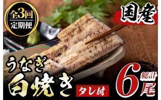 y491《定期便・全3回》国産!うなぎ白焼き(2尾×3回・タレ付き) 国産 九州産 鰻 ウナギ 無頭 魚 魚介類 かばやき 蒲焼 蒲焼き しろやき 白焼 おかず 特産品 お土産 ギフト プレゼント 冷蔵 定期便【尾方屋】
