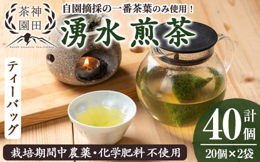 y519 鹿児島県湧水町産!栽培期間中農薬・化学肥料不使用!湧水煎茶ティーバッグ 計40個(20個×2袋) 国産 九州産 鹿児島県産 茶葉 お茶 茶 日本茶 緑茶 煎茶 ティーバッグ ギフト 贈答 プレゼント 贈り物 【神田茶園】