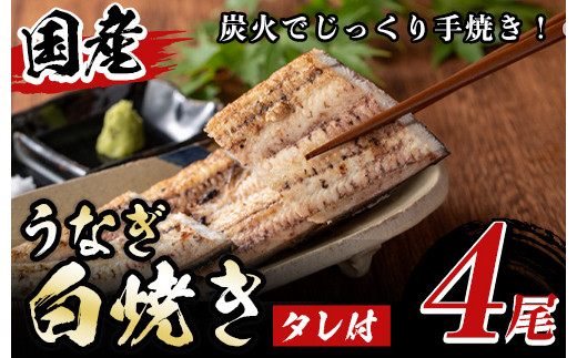 y509 国産!うなぎ白焼き(4尾・タレ付き) 国産 九州産 鰻 ウナギ 無頭 魚 魚介類 かばやき 蒲焼 蒲焼き しろやき 白焼 おかず 特産品 お土産 ギフト プレゼント 冷蔵 【尾方屋】
