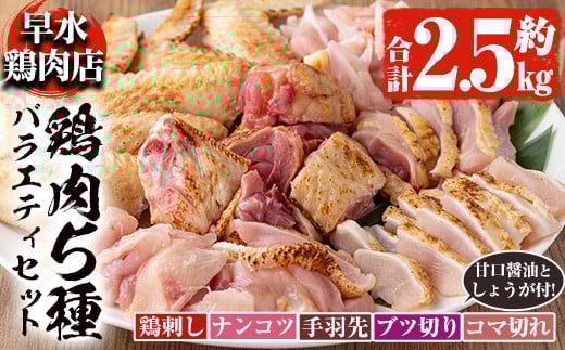 y115 <2025年12月発送分(12月31日迄に発送)>鹿児島県産!自家製鶏の5種バラエティセット(約2.5kg) 国産 九州産 鳥刺し 鶏刺し 鳥さし 鶏さし とりさし 鶏肉 とり肉 手羽先 細切れ ナンコツ とり お肉 肉 刺身 おつまみ タレ 生姜 甘口醤油 醤油付き 小分け 冷凍【早水鶏肉店】
