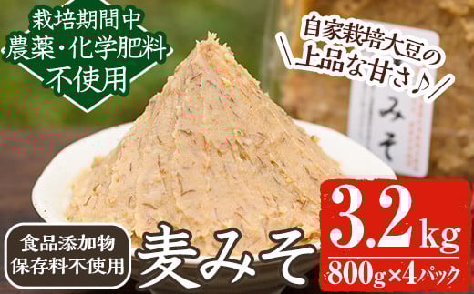y175 《先行予約受付中!2026年2月以降順次発送》《添加物不使用》麦みそ(計3.2kg・800g×4パック) 味噌 麦味噌 自家栽培 玄米麹 麹 こうじ みそ汁 味噌汁 野菜炒め 化学肥料不使用 農薬不使用 有機 有機農業 有機肥料【雲月農園】