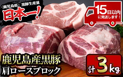 y201-v02 特選!鹿児島産黒豚肩ロースブロック(計3kg) 国産 九州産 黒豚 豚肉 ぶた肉 お肉 ステーキ 肩ロース ブロック 真空パック 焼肉 BBQ バーベキュー シチュー 冷凍【財宝】