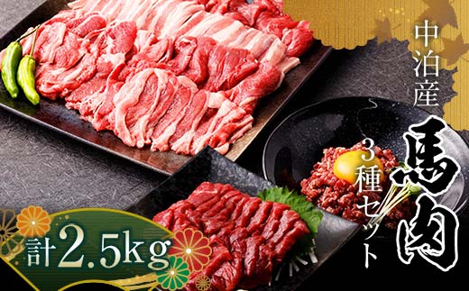 馬肉 焼肉用 約1kg&馬刺し 約1kg&馬肉ユッケ 約500g セットB 合計2.5kg (タレ付き)中泊町産  【肉や】 ユッケ 馬 新鮮 国産 やきにく 焼肉 刺身 肉 馬刺し 3種セット F6N-083