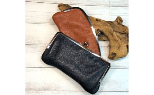 イタリア本革（牛革）の親子がま口小物入れ（大）ブラック×ピンク