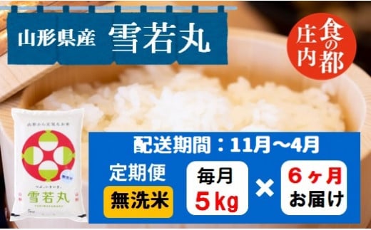 【11月~4月発送】無洗米山形県産雪若丸5kg×6回【定期便6回】