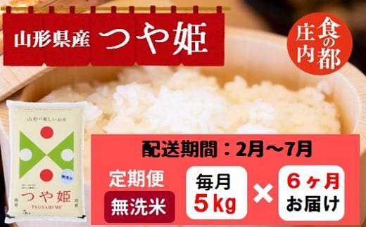 【2月～7月発送】無洗米山形県産つや姫5kg×6回【定期便6回】
