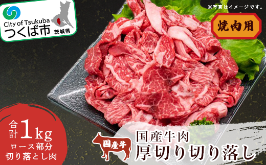 国産 牛肉厚切り落し 1kg( 焼肉用 ) 村下商事【 牛肉 牛 焼き肉用 焼肉 BBQ バーベキュー 冷凍 厚切り 貴重 茨城県 つくば市 】