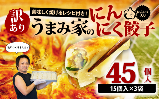訳あり 餃子 にんにく 45個 冷凍 小分け レシピ付き 惣菜 中華 ぎょうざ ギョーザ おかず つまみ 焼くだけ 簡単調理 ご飯のお供 便利 加工食品 弁当 おつまみ 晩ごはん にんにく餃子 埼玉県 羽生市 うまみ家