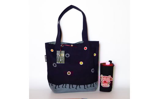 獅子舞 トートバック ( 11号 帆布 生地 紺色 )  ペットボトルホルダー 付き 染物処スミツネ ｜ ファッション 日用品 装飾品 鞄 カバン かばん バッグ トートバッグ 紺色 紺 11号帆布生地 ペットボトルホルダー 獅子舞 長野県 飯田市 信州